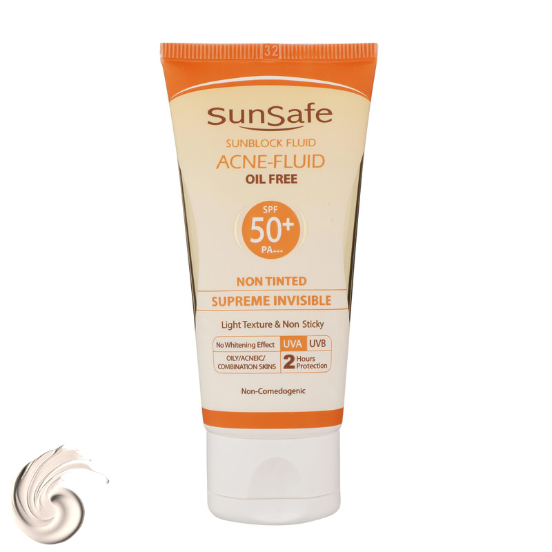 کرم ضدآفتاب بی‌رنگ سان‌سیف SPF50 مدل ACNE-FLUID مناسب پوست مختلط، حجم 50 میلی‌لیتر