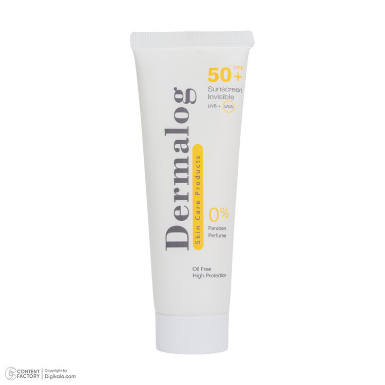 کرم ضد آفتاب بیرنگ صورت درمالوگ SPF 50 فاقد چربی مناسب برای انواع پوست حجم 50 میلیلیتر